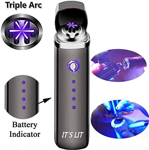 IT'S LIT Triple Plasma Lighter- Electric Triple Arc Lighter- Flat Surface Wide Arc Design for Pipes Cigars and More -Windproof Electric Lighter- Rechargeable- Gift Box & One Year Warranty Card