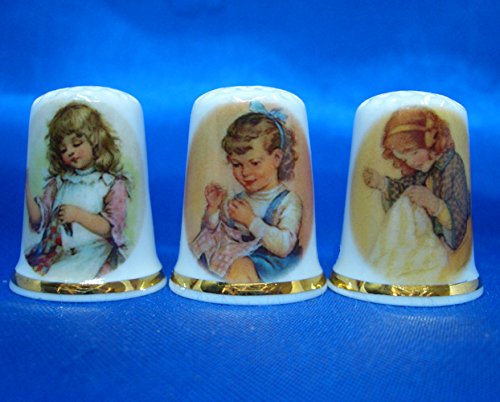 Birchcroft Porcelain China Collectable - Set of Three Thimbles - Threading a Needle