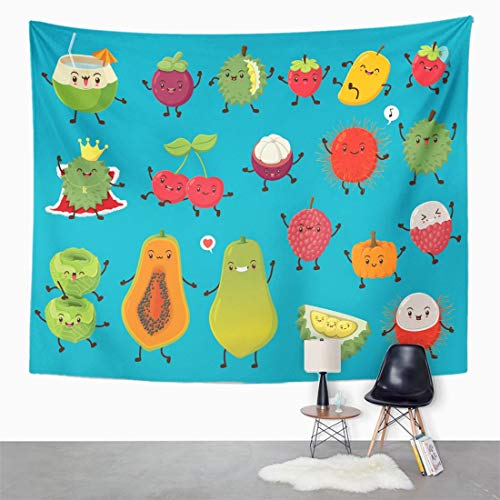 Emvency Wall Tapestry Fruit Vintage Food with Coconut Mangosteen Durian Strawberry Mango Cherry Rambutan Cabbage Papaya Lychee Pumpkin Cute Decor Wall Hanging Picnic Bedsheet Blanket 60x50 Inches