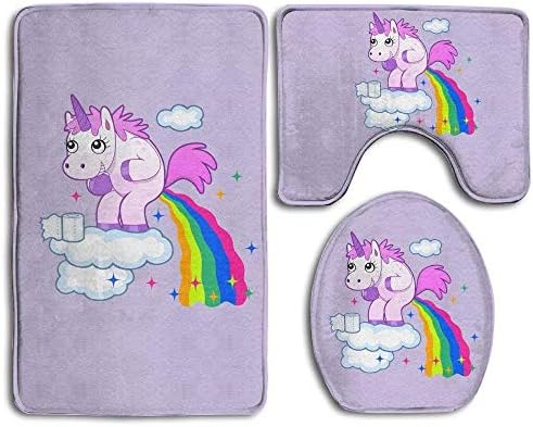 Funlery Happ 3 Pcs Set Bathroom Non-Slip Pooping Rainbow Unicorn Style Pedestal Rug + Lid Toilet Cover + Senior Bath Mat,Understated Luxury Experience