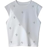 Verdusa Women's Rhinestone Dressy Tops Cap Sleeve Slim Fitted T Shirts