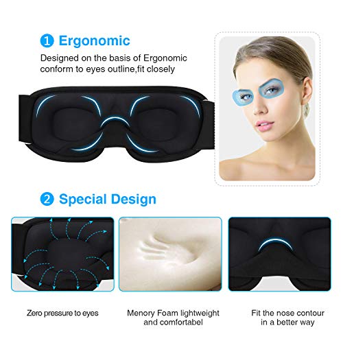 WOTEK Masque de Nuit, Masque de Sommeil 3D, Respirant Ultra-Douce en Mousse à Mémoire, 100% Bloquant Lumière, pour Femmes et Hommes, en Train, en Avion, au Bureau, en Voyage, en Mission - Noir