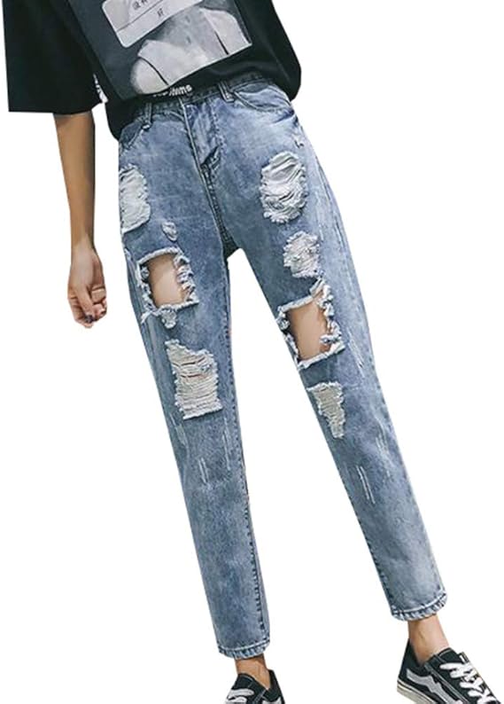 Amazon Zhongjue ジュージェン デニムパンツ レディース ゆったり 韓国 ジーンズ ダメージ加工 ファッション ジーパン 個性カジュアル おしゃれ クラッシュパンツ 大きいサイズ ストリート系 夏 ジーンズ 通販