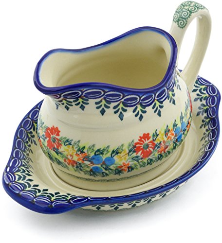 Polish Pottery Gravy Boat with Saucer (Red Cornflower And Blue Butterflies Theme) Signature UNIKAT + Certificate of Authenticity