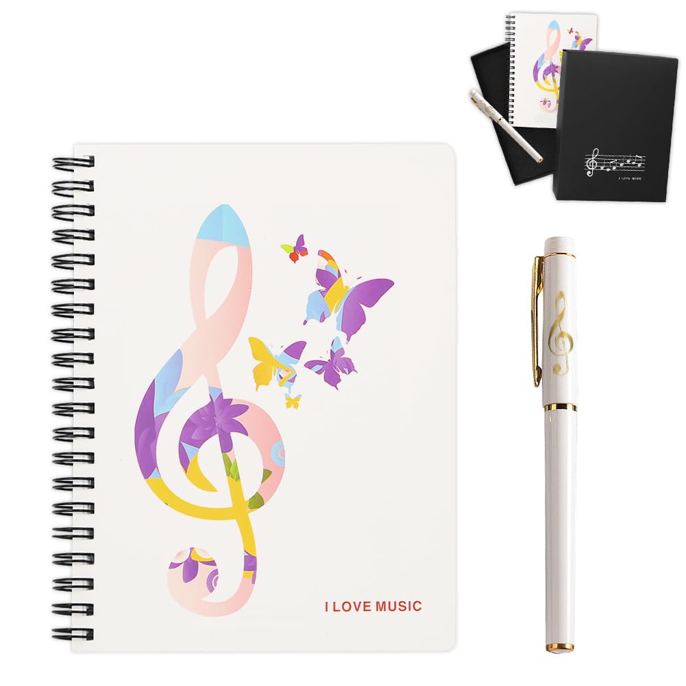 Music Piano Melody Theme Stationery Gift Box Set,Piano Musical Wirebound Journal Writing Notebook with Treble Clef Design Roller Ball Pen for Office School Student Teacher Gift (White Music Note) — image 1