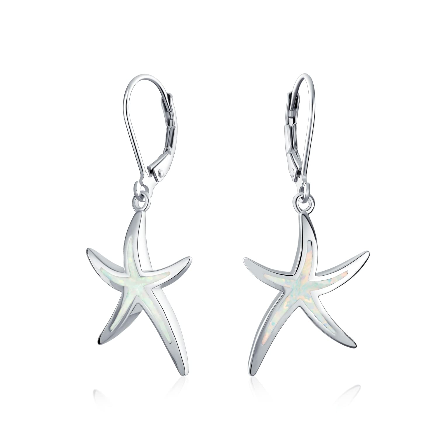 Nautical Aquatic Tropical Beach Vacation Iridescent White Created Opal Inlay Starfish Dangle Drop Lever back Earrings For Women .925 Sterling Silver