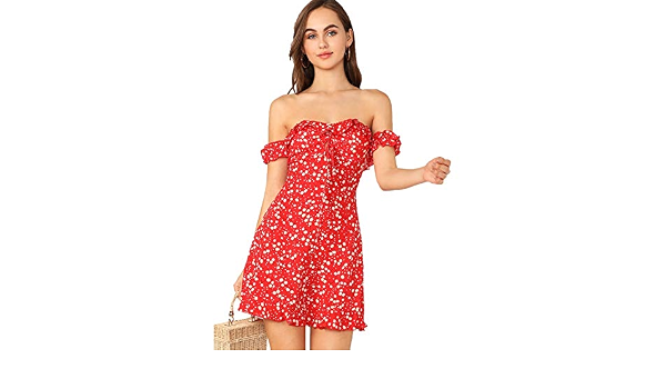 Shein vestido corto de verano con volantes y hombros descubiertos,  estampado floral, para mujer - Rojo - Small : Amazon.es: Ropa