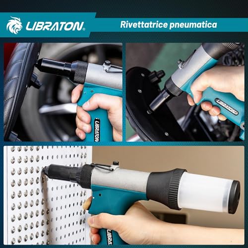 LIBRATON Pneumatic Riveter Kit, Heavy Duty Pneumatic Riveter Gu 2.4mm 3.2mm 4.0mm 4.8mm with 200c Rivet, Professional Auto Repair Tool, Suctio Design