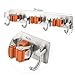 Bosszi Broom Holder Mop Holder Gardening Tools Organizer, SUS 304 Stainless Steel Brushed & Non-Slip Silicone Self-Adhesive Mounted Storage Racks with 3 Positions & 4 Hooks Holds Up to 7 Tools Firmly
