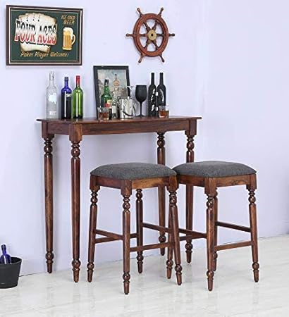 Ramdoot Furniture Solid Sheesham Wood Bar Table and 2 Stool Set Wood Bar Dining Table 2 Seater Set Solid Wooden 2 Seater Bar Dining Table with Bar 2 Chairs Home Living Room| Wood Furniture