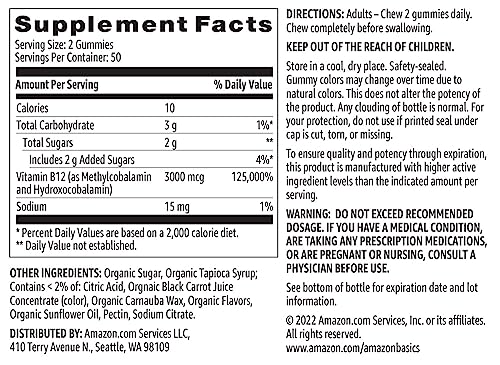 AMAZON BASICS VITAMIN B12 3000 MCG GUMMIES, NORMAL ENERGY PRODUCTION AND METABOLISM, IMMUNE SYSTEM SUPPORT, RASPBERRY, 100 COUNT (2 PER SERVING) (PREVIOUSLY SOLIMO)