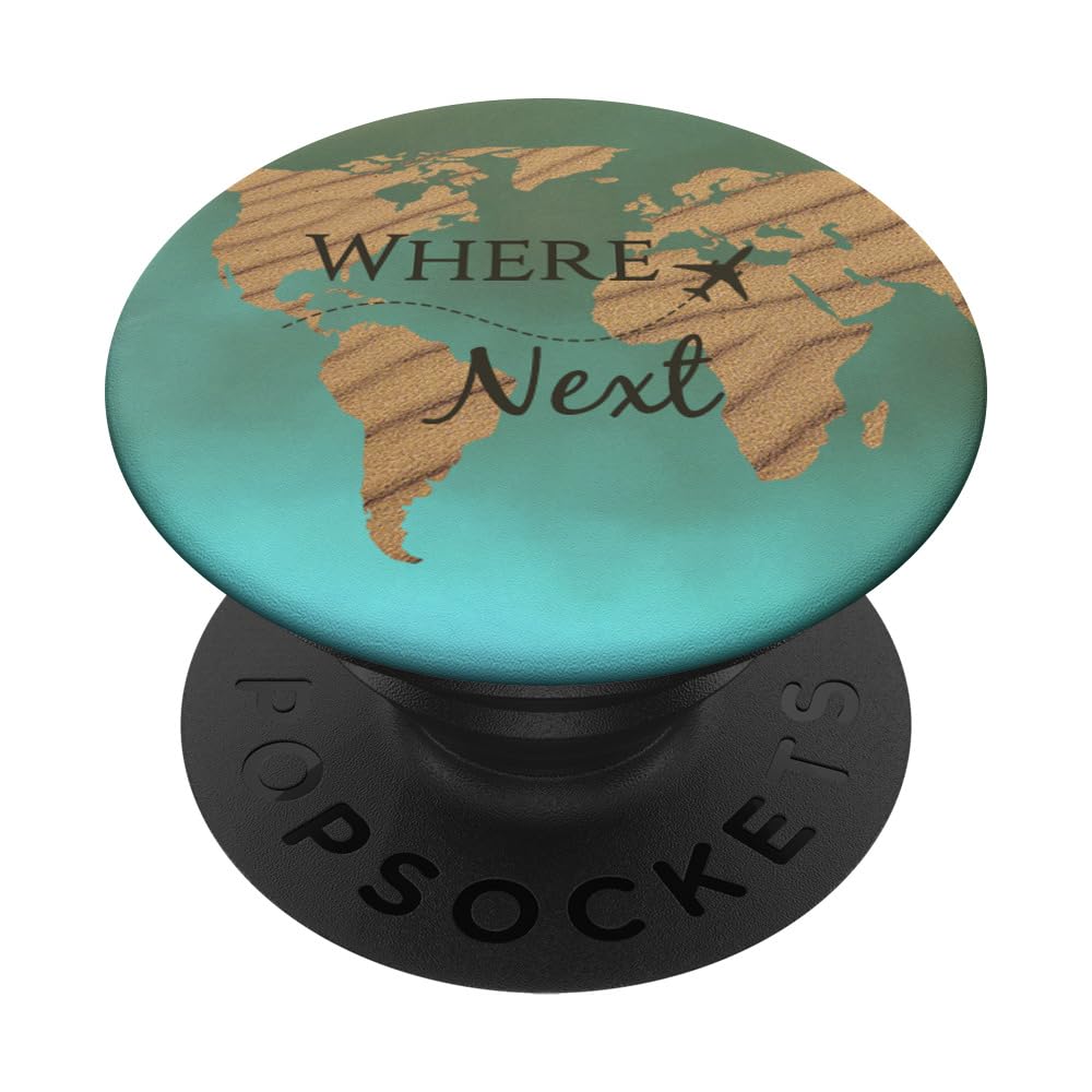 Where next | Turquoise & Teal - World Map Travel Quote Gift PopSockets Adhesive PopGrip