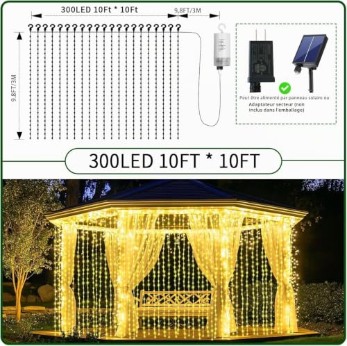 GCMacau 3 x 3 m 300 LED Christmas Light Curtain, String Lights 8 Modes Dimmable with Remote Control, Indoor Light Curtain, Garden, Christmas, Valentine's Day, Wedding, Christmas