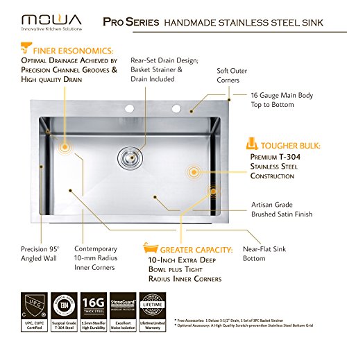 MOWA HTS3322 Pro Series R10 Tight Radius Handmade 33" 16 Gauge Stainless Steel Topmount Drop-in Single Bowl Modern Kitchen Sink