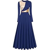 IDOPIP Women Metallic Color Block Praise Full Length Long Sleeve Dance Dress Liturgical Lyrical Dancewear Worship Robe Dress