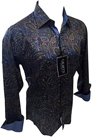 Men's Calvetti Paisley Woven Long Sleeve Button Down Dress Shirt Brown Blue 301 (XL)