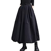 Femiserah Women's Black Elastic Waist A Line Long Bubble Pompom Lantern Skirt
