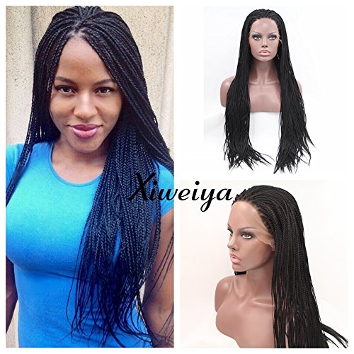 Xiweiya Long Black micro box braid wig with heat resistant fiber mermaid synthetic lace front wig with baby hair middle cap size 24 inch