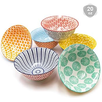 KitchenTour Porcelain Bowls Set - Cereal, Soup, Salad, Pasta, Rice, Dessert Ceramic Bowls - Assorted Colorful Design Set of 6