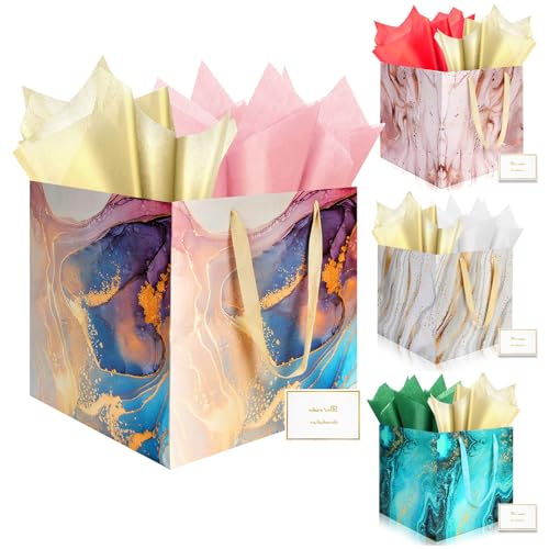 4 PCS Extra Large Gift Bag, 11.8" Square Reusable Marble Big Paper Bag with Handle Square Giant Gift Bag for Wedding Birthday Party Presents Gift