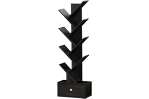 SHEEPAM 8 Tier Tree Bookshelf with Drawer, Free Standing Wood Bookcase for Living Room, Bedroom, Home Office, Space Saving Storage Organizer Bookshelves for Books, CDs, Vinyl Records- Black