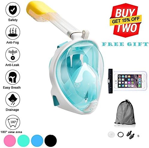 180°Full Face Snorkel Mask with Panoramic View Anti-Fog, Anti-Leak with Adjustable Head Straps with longer Snorkeling Tube Free Waterproof Diving Phone Cover (Green, L/XL)