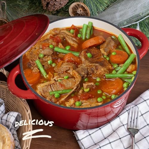 Overmont 26cm/5.2L Enamelled Cast Iron Round Casserole Dish With Lid,5.5QT, Cookbook -Non-stick Dutch Oven for Braising, Stews, Roasting, Bread Baking - Cherry red