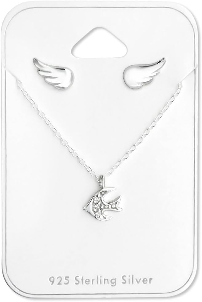 925 Sterling Silver Crystal Bird Necklace & Wing Stud Earrings Set 28960