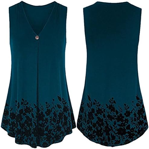 HimTak Women Floral Printing T-Shirt, Women's Sleeveless Solid Color Button Tops Blouse (L, GN)