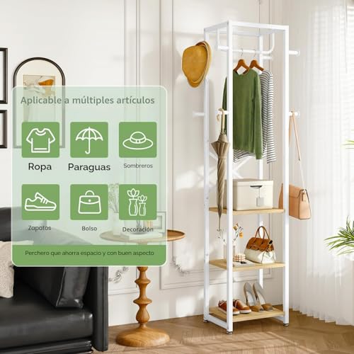 IBUYKE Perchero independiente con 3 estantes y 8 ganchos, perchero industrial para entrada, pasillo, dormitorio, 180 x 40 x 30 cm, color natural y blanco TMJ088R