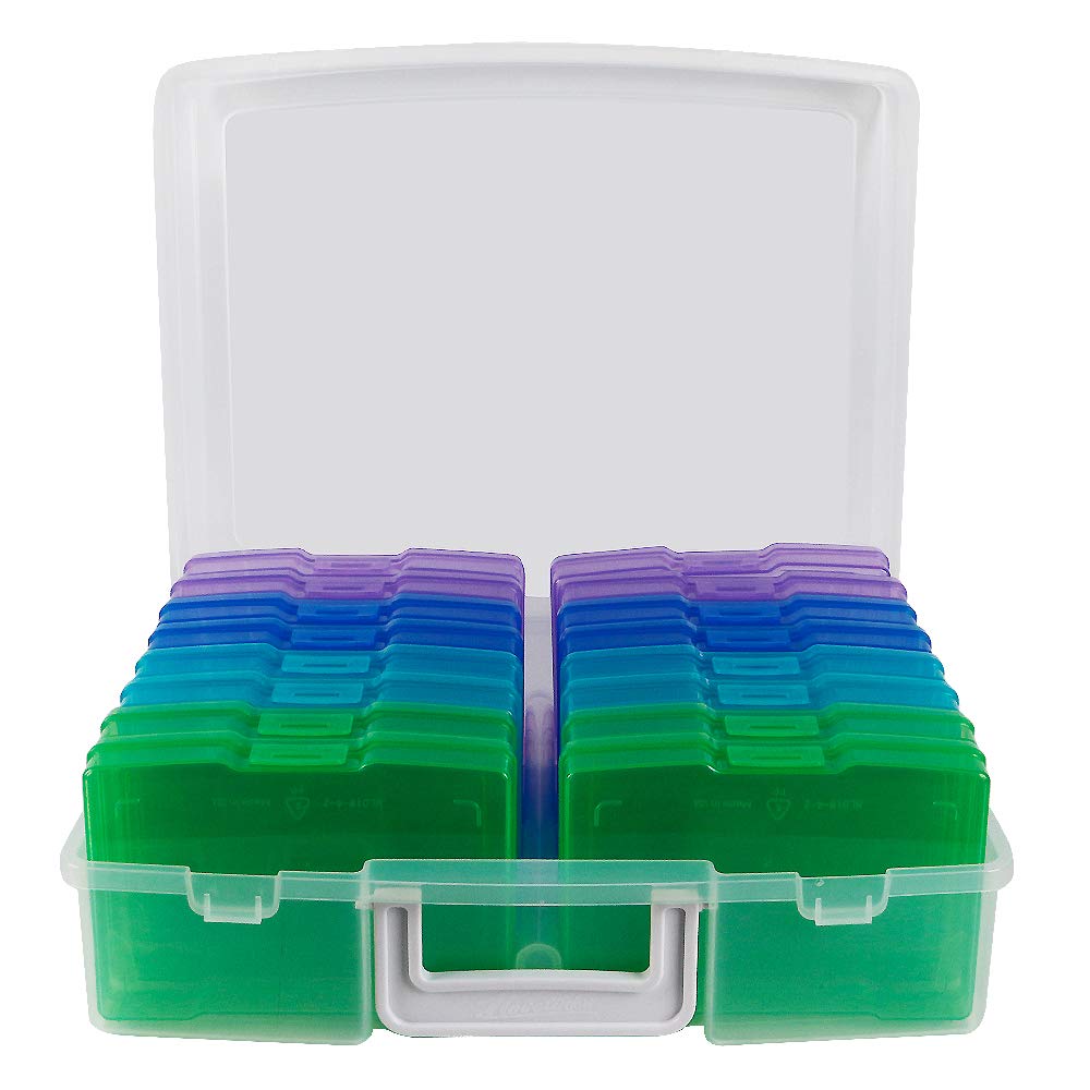 Photo 1 of novelinks Transparent 4" x 6" Photo Organizers and Photo Storage Box with Handle, 16 Inner Photo Cases, Portable Picture Organizers & Photo Storage Containers (Cool-Colored)