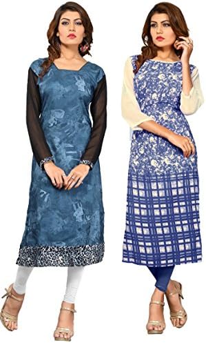 Craftliva Cotton &amp; Crepe Kurti (134CDK552.556_Blue)