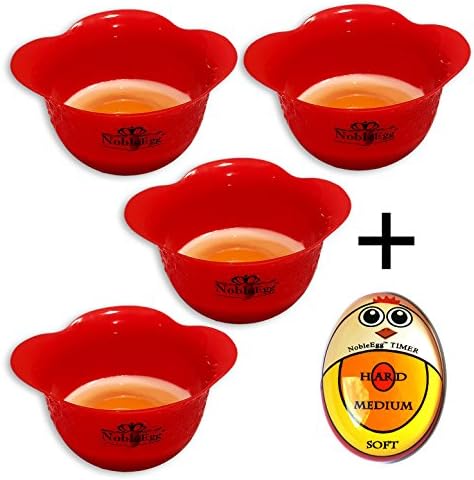 NobleEgg Silicone Egg Poaching Cups Egg Timer Set for Oil-Free Poached Eggs and Soft Hard Boiled Eggs | 4 Egg Poacher Cups 1 Egg Timer | no BPA BPS BPF, certified