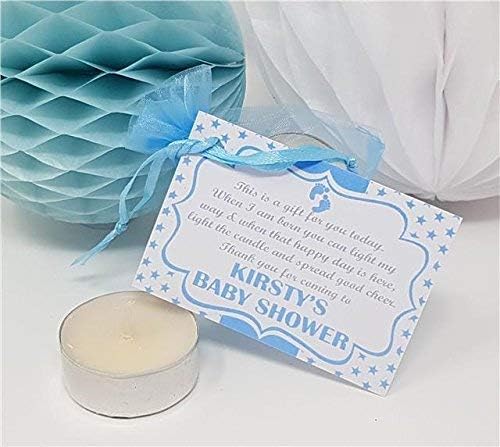 Treasured Forever Personalised Baby Shower Favour – Thank You Gift – Candle/Tea Light – Feet Style | 15 | Blue