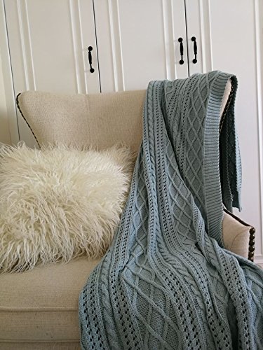 DOKOT Diamond Cable Knitting Pattern 100% Cotton Knitted Throw Blanket All Season Couch, Sofa, Chair, Bed Cover (Blue)