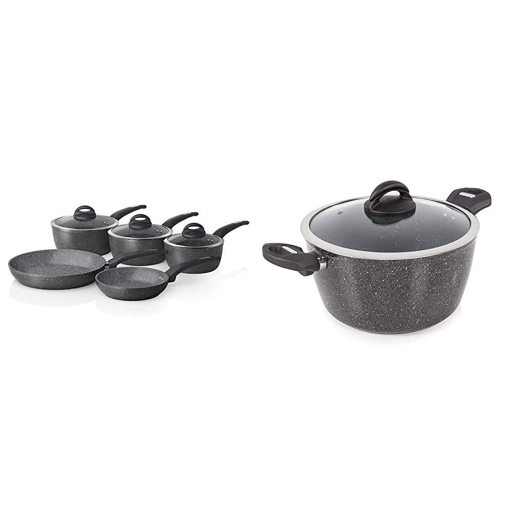 Tower T81276 Frying Pan and Saucepan Set, Graphite & Cerastone Induction Casserole Dish with Glass Lid, Non Stick Ceramic Coating, Easy to Clean, Graphite, 24 cm