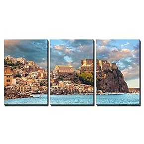3 Piece Canvas Wall Art - Scilla, Castle on The Rock in Calabria During Sunset, Italy - Modern Home Art Stretched and Framed Ready to Hang - 16"x24"x3 Panels