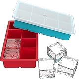 Vremi Large Silicone Ice Cube Trays - 2 Pack 8 Square Cubes per Tray Ideal for Whiskey, Cocktails, Soups, Baby Food and Frozen Treats - Flexible and BPA Free and Includes Covers for Easy Stacking