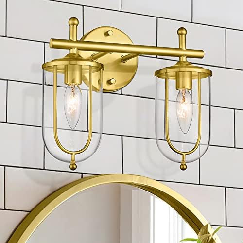 LMS Gold Bathroom Light Fixtures, 2 Light Brushed Gold Vanity Light