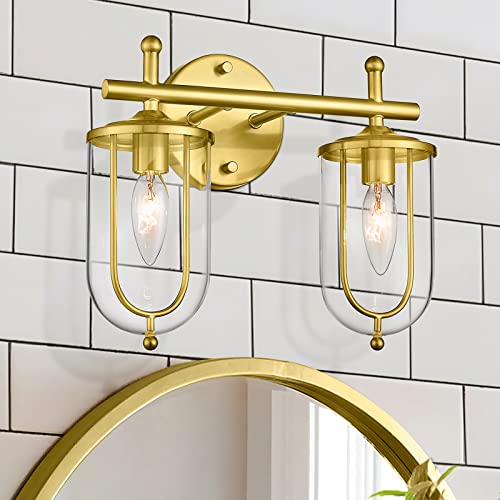 LMS Gold Bathroom Light Fixtures, 2 Light Brushed Gold Vanity Light