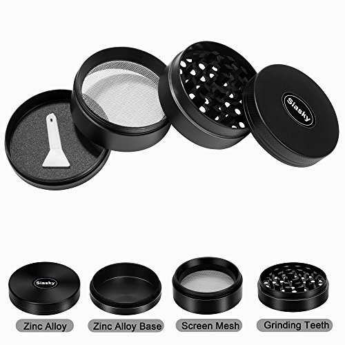 Siasky 2" Spice Herb Grinder, 4 Pieces Tobacco Weed Mill with Pollen Scraper, Premium Zinc Alloy Made, Razor-sharp Teeth- Black - Thumbnail 5