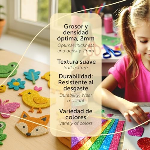 Goma Eva de Purpurina para Manualidades, Goma Espuma de Colores para Proyectos Creativos, Ideales para Artes y Manualidades, Escolar o Profesional 40x60cm (Surtido Adhesivo Purpurina, 10uds)