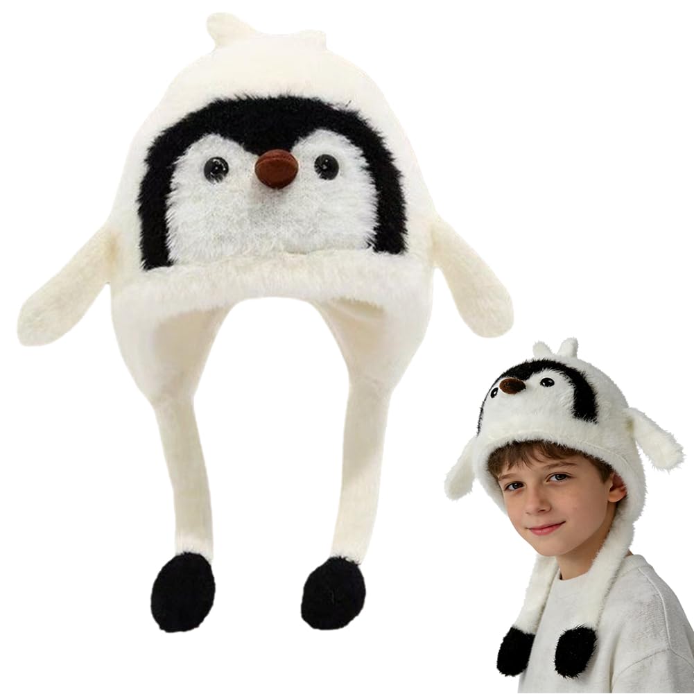 Penguin Hat with Moving Ears, Animal Plush Hat Jumping Animal Cap Penguin Earflap Cap Floppy Ears Hats Winter Warm Caps for Winter Christmas Carnival Birthday Cosplay Dress up Party Gift (White)