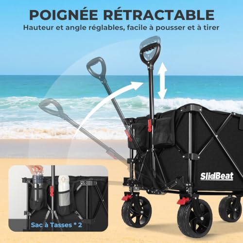 SLIDBEAT Beach Trolley 220-330L, 200 kg Folding Transport Trolley with 360° Swivel Wheels, XXL Garden Trolley with Automatic Rebound Handle All Terrain with Brakes for Fishing Camping