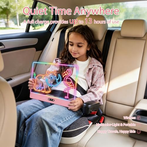 Rechargeable LED Drawing Board for Children with RGB Lights, Large Acrylic Light Mat 35 x 26 cm, 8 Static Colours & 3 Dynamic Modes, Hidden Support for Tracing and Art, Pink