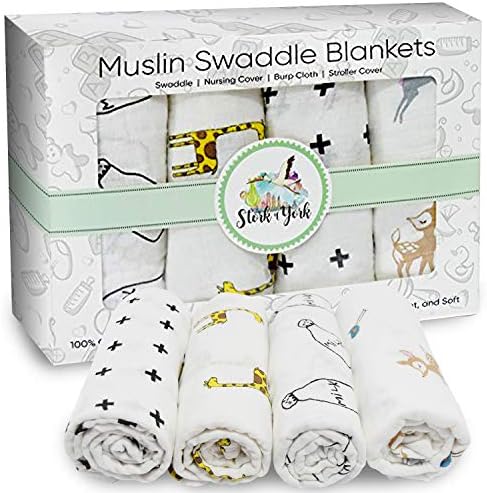 Muslin Blankets- 100% Cotton Swaddle, Extra Large Soft Pre-Washed Lightweight 2-Layer Breathable Set of 4