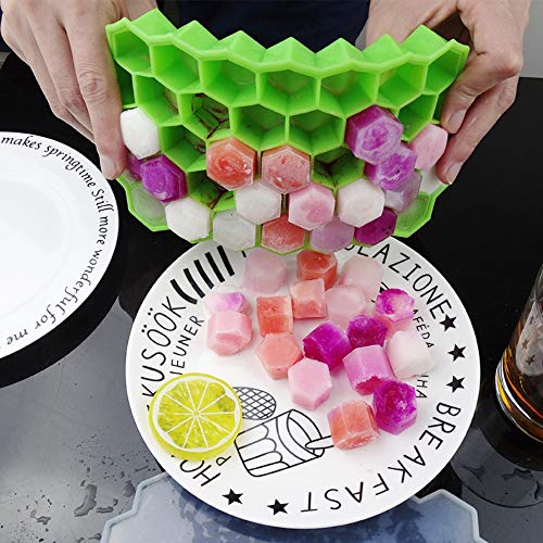 3 Pack Ice Cube Trays, Silicone Honeycomb Shape Ice Cube Molds wih Lids Make 111 Ice Cube for Whiskey, Cocktail, Stackable Flexible, BPA Free (Purple+Yellow+Green) - Thumbnail 2