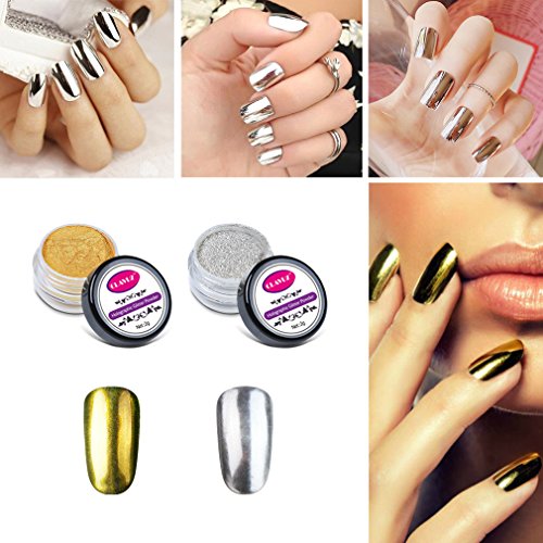 CLAVUZ 2pcs Gold Silver Chrome Powder Mirror Effect Glitter Nail Powder Manicure Pigments with Sponge Stick Nail Art Tools Kit