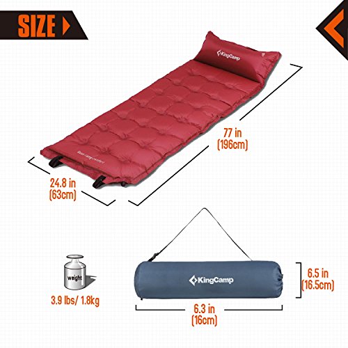 KingCamp Camping Self-Inflating Pad Sleeping Mat with Attached Inflatable Pillow,Water Repellent Coating, Quick Flow ABS Value, Firm Ultralight Comfortable for Outdoor
