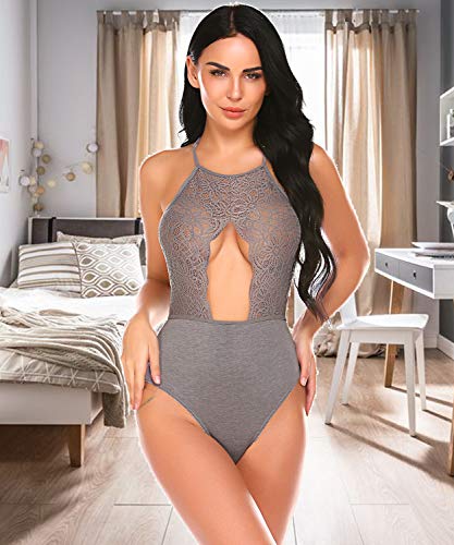 wearella Women Snap Crotch Lingerie Sexy Lace Bodysuit Thong One Piece Lace Baby Dolls Teddy Sleepwear Gray